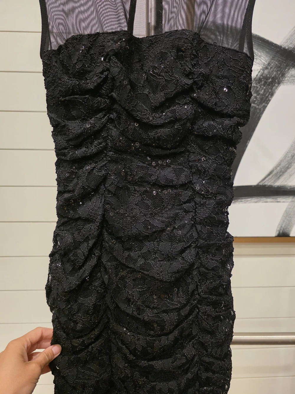 Black Sheer Yoke Ruched Cocktail Dress - Picture 4 of 5
